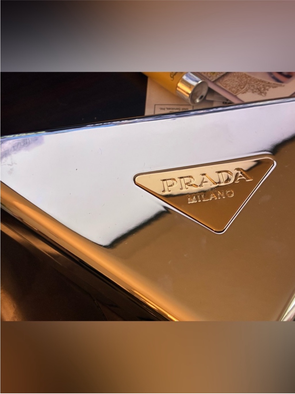 Prada Metallic Gold Triangle Logo Clutch